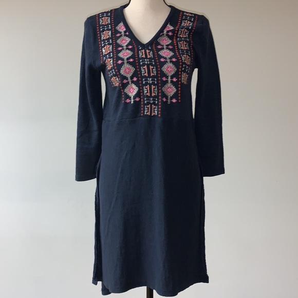 Akemi and Kin Anthropologie Navy Blue Embroidered Split Hi Lo Knit Tunic Small - Picture 1 of 12